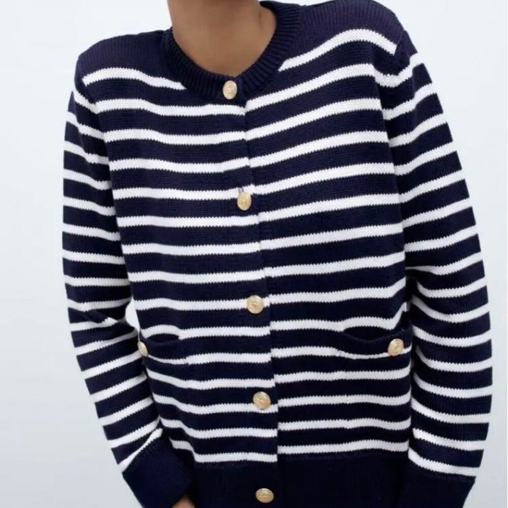 Navy Blue & White Striped Sweater | Striped Cardigan | Gold Buttons